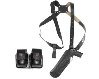 Basketweave Leather Vertical Shoulder Holster & Double Speedloader Case 357 Magnum Similar Revolvers 4" RH Handmade! (Black) Free Engraving