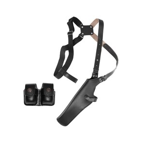 May include: Black leather shoulder holster with a double magazine pouch. The holster has a strap that goes over the shoulder and a strap that goes around the waist. The magazine pouch has two pockets for magazines.