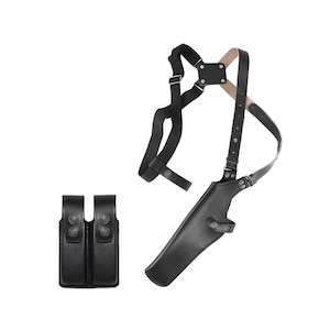 May include: Black leather shoulder holster with two magazine pouches. The holster has an adjustable strap and a snap closure.