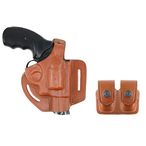 May include: A brown leather holster for a revolver with a double magazine pouch. The holster has a belt loop and a snap closure. The magazine pouch has two compartments and a snap closure.