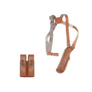May include: A brown leather holster with a shoulder strap and a double magazine pouch. The holster has a woven pattern and the strap is made of a light brown fabric.