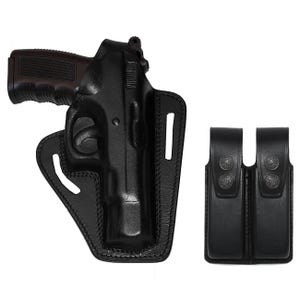 May include: Black leather holster with a black handgun inside. The holster has a belt loop and a magazine pouch.