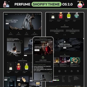 Könnte beinhalten: Ein schwarz-weißes Website-Design für einen Parfümladen. Die Website zeigt Bilder von Parfümflaschen, Text über die Produkte und einen Blog-Bereich. Die Website ist modern und elegant gestaltet.