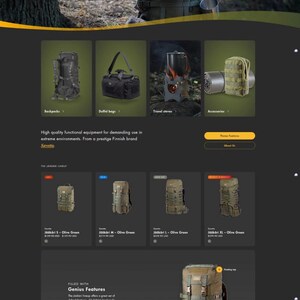 May include: Website showcasing outdoor gear, including backpacks, duffel bags, and travel stoves. The main image features a large olive green backpack with the text "The last backpack you'll ever need!!" Other products include accessories and various sizes of olive green backpacks.
