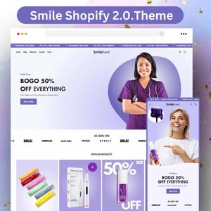 Peut inclure: Maquette de site web pour Smile Shopify 2.0.Theme, présentant une vente BOGO 50% de réduction. Le site présente des produits dentaires, avec des images d'une femme en blouse et d'une autre pointant vers un produit. La palette de couleurs est violette et blanche.