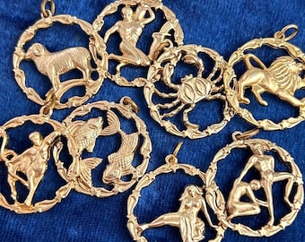 Vintage Charms, Charms, Zodiac Pendant, Vintage Jewelry, Available: Virgo, Aquarius, Aries, Cancer, Gemini, Libra, Leo, Pisces, Gold Tone