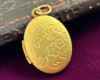 Vintage Brass Locket Necklace: Etched Floral Oval Charm