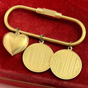 Carabiner With Charms Key Fob Purse Clip Bag Accessory Gifts For Women Vintage Puffy Brass Metal Heart French Amour Love Charms Gift For Her