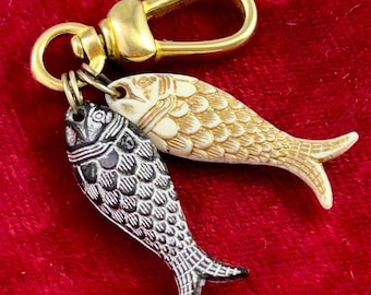 Fish Charm Purse Bag Clip Charm Necklace Pendant With Clip Brass Metal Clasp Fishing Jewelry Gifts For Her Gift For Friend Key Fob Two Fish