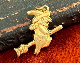 Witch Charm, Witch Pendant, Witchy, Halloween Jewelry, Brass Stamping Charm, Halloween Charm, Tiny Witch, Witch on Broom, Halloween