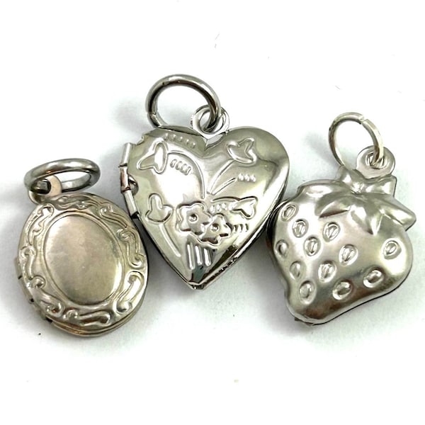 Collection of Three Tiny Charms, Heart Locket, Strawberry, Tiny Vintage Oval Locket, Silver Tone Metal Jewelry For Women, Dainty Pendants