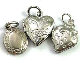 Collection of Three Tiny Charms, Heart Locket, Strawberry, Tiny Vintage Oval Locket, Silver Tone Metal Jewelry For Women, Dainty Pendants