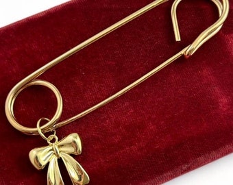 Safety Pin With Dangling Bow Charm Statement Jewelry Pin For Women Jacket Pin Gift For Her Vintage Safety Pin Gold Tone Metal Fashion Pin