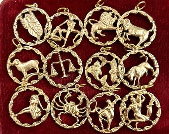 Vintage Charms Zodiac Pendants For Women Vintage Jewelry Gold Tone Metal Zodiac Sign Pendant Gifts For Her Zodiac Gift Astrology Gifts