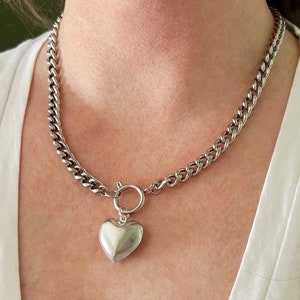 Heart Charm Necklace Charm Holder Necklace Silver Tone Metal Curb Chain Spring Ring Clasp Front Clasp Necklace Womens Jewelry Gifts For Her