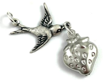Strawberry Pendant Flying Bird Charm Necklace Pendants For Women Jewelry For Women Dainty Bird Jewelry Gift For Her Silver Tone Metal