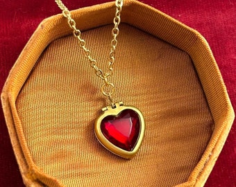 Vintage Locket Necklace Heart Locket Charm Locket Pendant Necklace Red Glass Heart Dainty Jewelry For Women Dainty Necklace Gifts For Her