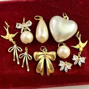 Bow Charm Necklace Pendant Faux Pearl Drop Charms CZ Rhinestone Charm Gold Tone Metal Flying Bird Gift For Her Feminine Jewelry Qty: 1 Charm
