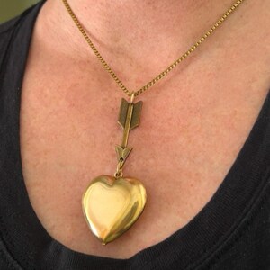 Heart Pendant Necklace For Women Gift For Her Large Heart Charm With Cupid Arrow Pendant With Or Without Vintage Brass Chain Gift For Love