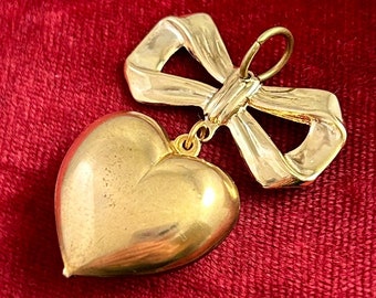 Heart Bow Necklace Pendant, Pendant, Vintage Heart Charm, Brass Heart Charm, Puffy Heart Charm, Heart Charm, Heart Jewelry, Vintage Charm