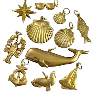 Choose One Brass Beach Charm, Nautical Ocean Pendant, Fish Shell Whale Lobster Sailboat Summer Charm, Vintage & Modern  Jewelry Charms