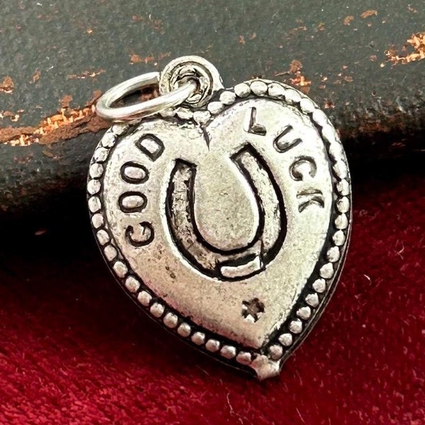 Good Luck Charm Necklace Gift For Her Lucky Charm Horseshoe Puffy Heart Silver Tone Metal Jewelry For Women Good Luck Heart Charm Pendant