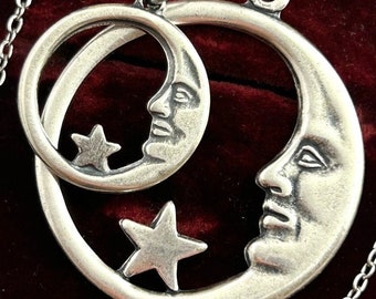Select Size: Crescent Moon Charm Necklace, Celestial Star Pendant, Silver Plated Brass Charm, Stainless Steel Chain