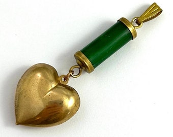 Heart Pendant, Pendant, Heart Jewelry, Puffy Brass Heart Charm, Brass Jewelry, Green Bead, Vintage Components, Vintage Jewelry