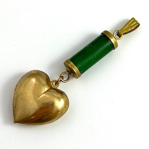 Heart Pendant, Pendant, Heart Jewelry, Puffy Brass Heart Charm, Brass Jewelry, Green Bead, Vintage Components, Vintage Jewelry