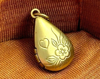 Vintage Brass Locket Charm: Heart & Flower Drop Pendant