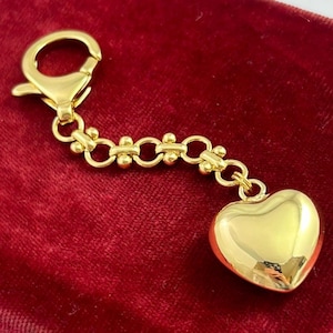 Heart Purse Charm With Clip And Fancy Chain Gold Plated Heart Charm Bag Charm Puffed Heart Jewelry Bag Accessory Gift For Her Gift For Mom