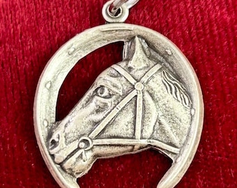 Equestrian Jewelry Charm Necklace Pendant Horse Head Horseshoe Silver Plated Metal Stamping