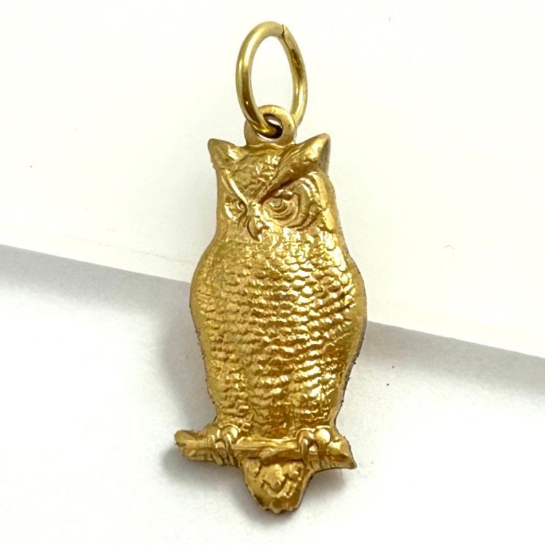 May include: A gold owl charm with a detailed design. The owl has a round head with large eyes and a beak. The charm has a loop at the top for attaching to a necklace or bracelet.