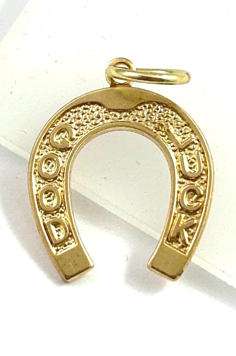 May include: A gold-colored horseshoe charm with the words "GOOD LUCK" embossed on it. The charm has a textured surface and a small loop at the top for attaching to a chain or bracelet. The horseshoe is a classic symbol of good fortune.