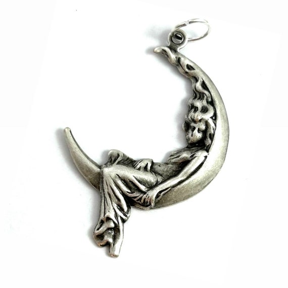 Woman on Moon, Woman Crescent Moon Charm, Moon Necklace Pendant, Moon Charm, Silver Tone Metal Stamping Charm, Crescent Moon