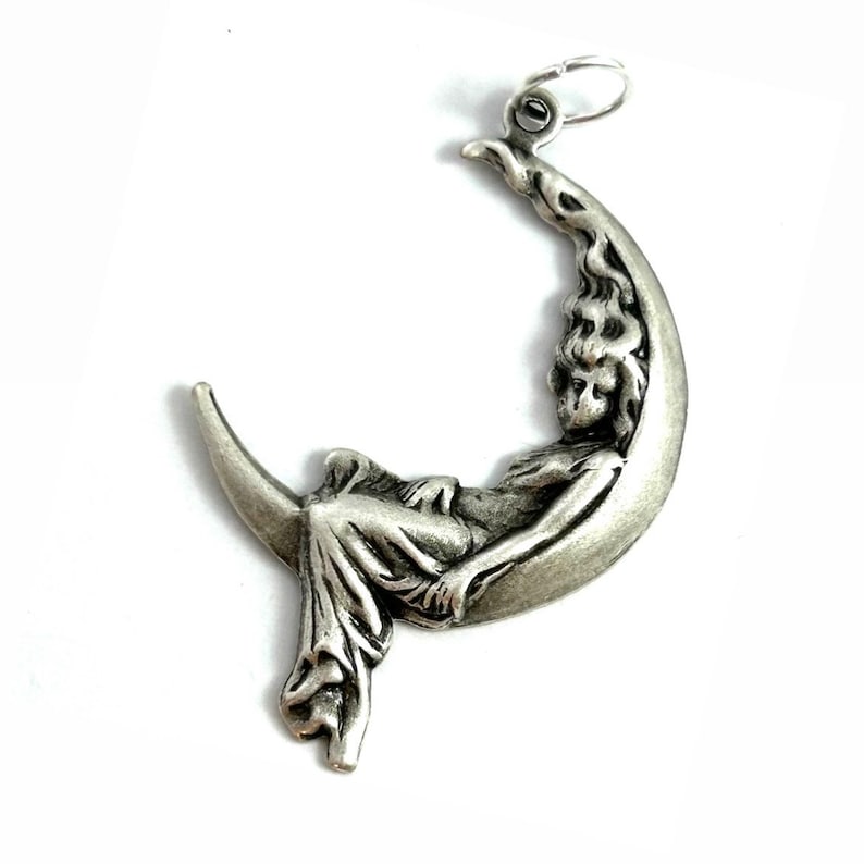 Woman on Moon, Woman Crescent Moon Charm, Moon Necklace Pendant, Moon Charm, Silver Tone Metal Stamping Charm, Crescent Moon image 1