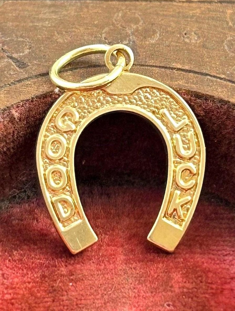 May include: A gold-colored horseshoe charm with the words "GOOD LUCK" embossed on it. The charm has a textured surface and a small loop at the top for attaching to a necklace or bracelet. The horseshoe is a classic symbol of good fortune.