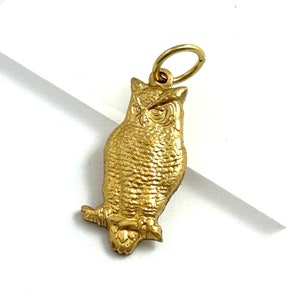 May include: A gold-colored owl charm pendant with a detailed design. The owl has a textured surface and a ring for attaching to a chain or bracelet.