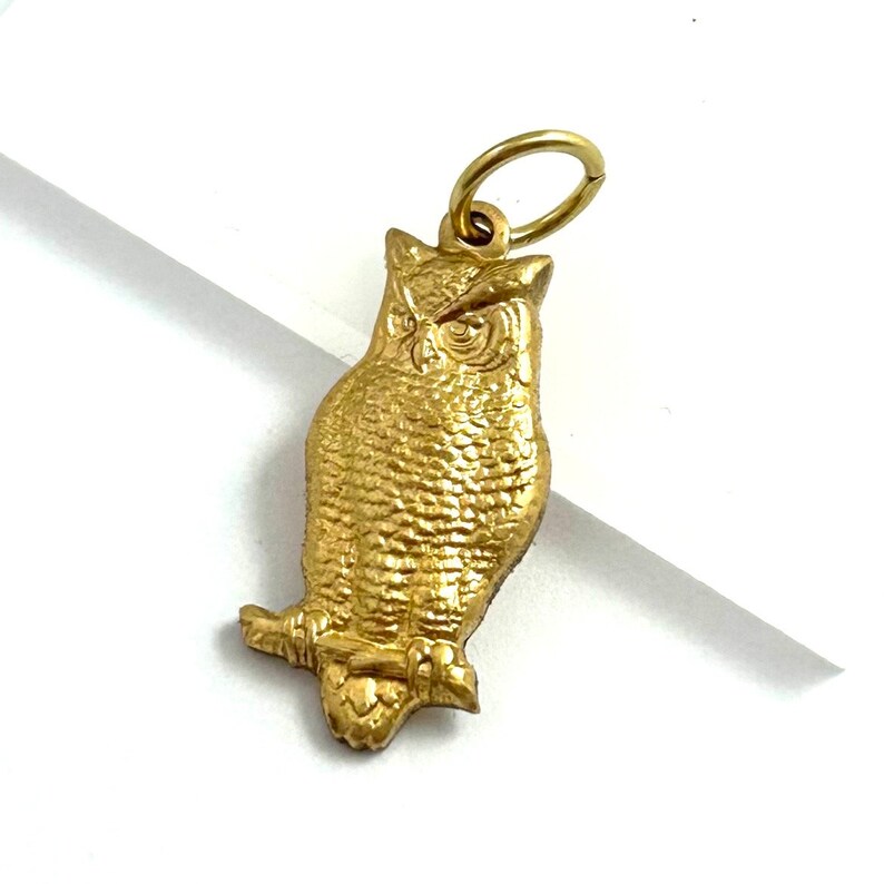 May include: A gold-colored owl charm pendant with a detailed design. The owl has a textured surface and a ring for attaching to a chain or bracelet.