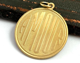 Large Vintage Amour Love Charm, pendant, vintage love charm, French love charm, Amour, amour charm, necklace pendant, Vintage brass charm