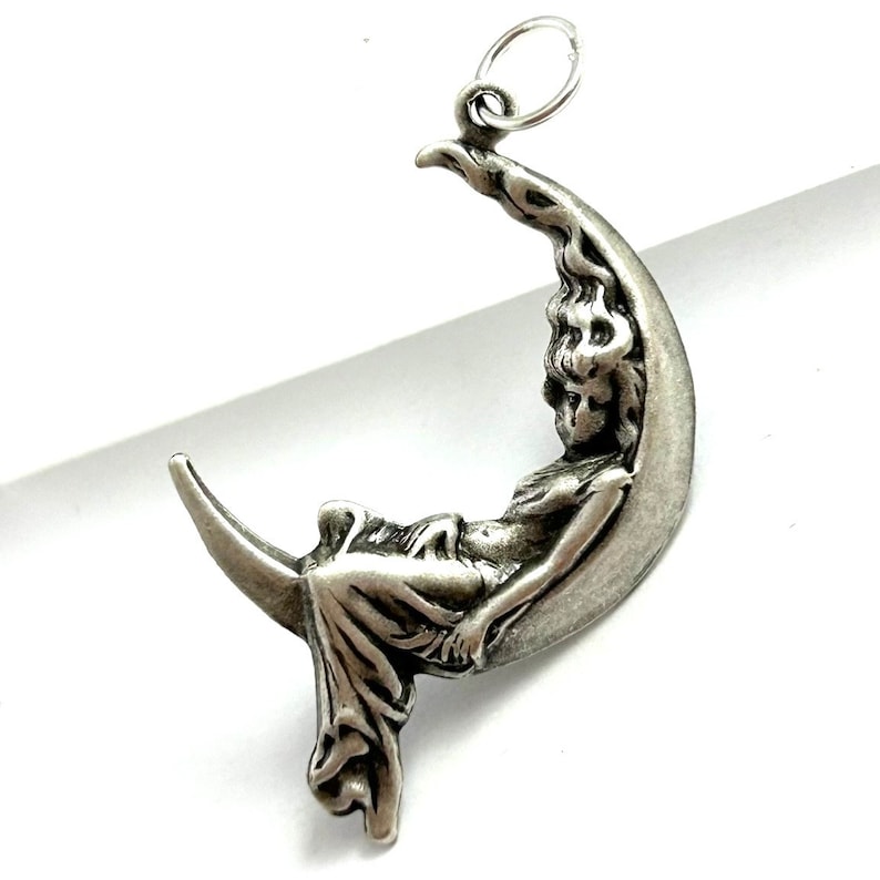 Woman on Moon, Woman Crescent Moon Charm, Moon Necklace Pendant, Moon Charm, Silver Tone Metal Stamping Charm, Crescent Moon image 3