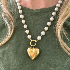 Heart Necklace, Charm Holder Necklace, Charm Holder, Faux Pearl Bead Necklace, Beaded Chain Necklace, Front Clasp Necklace, Heart Pendant