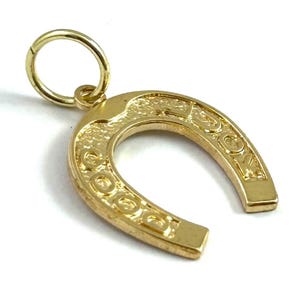 May include: A gold-colored horseshoe charm with a textured surface and a small loop for attachment. The horseshoe has decorative detailing and is designed to be worn as a pendant or charm.