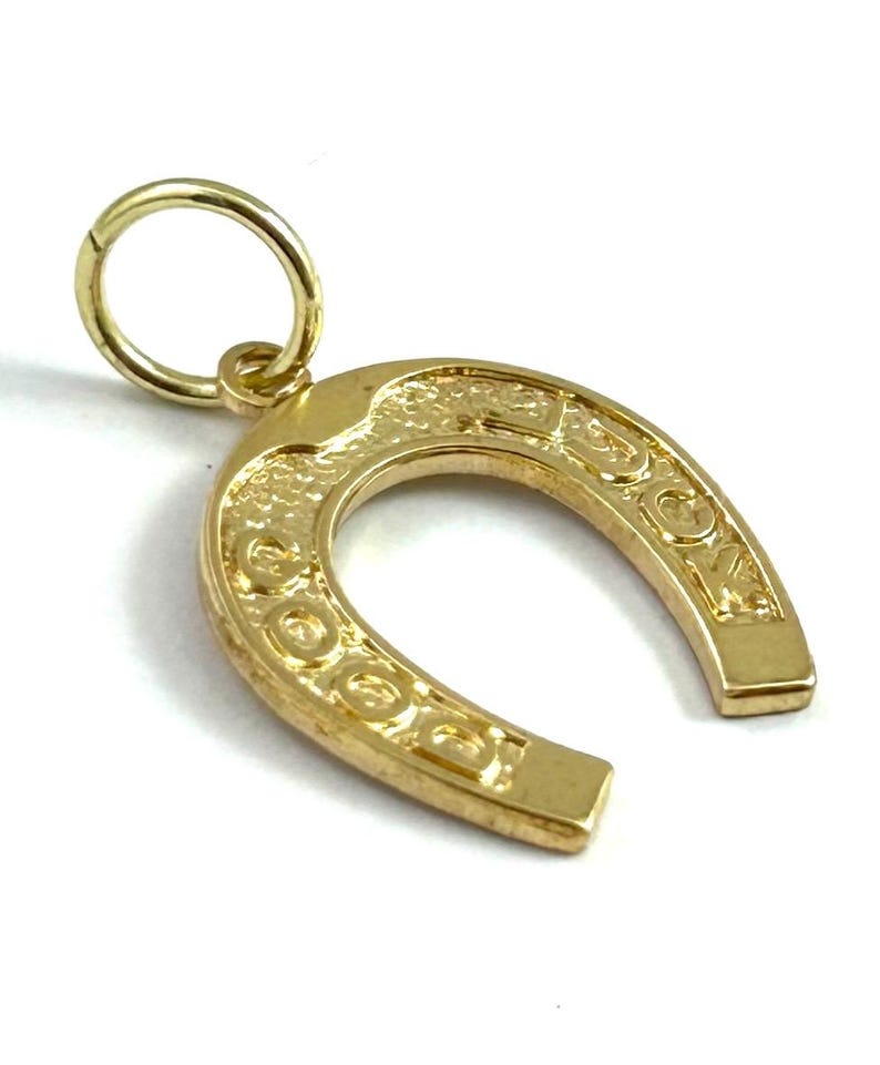 May include: A gold-colored horseshoe charm with a textured surface and a small loop for attachment. The horseshoe has decorative detailing and is designed to be worn as a pendant or charm.