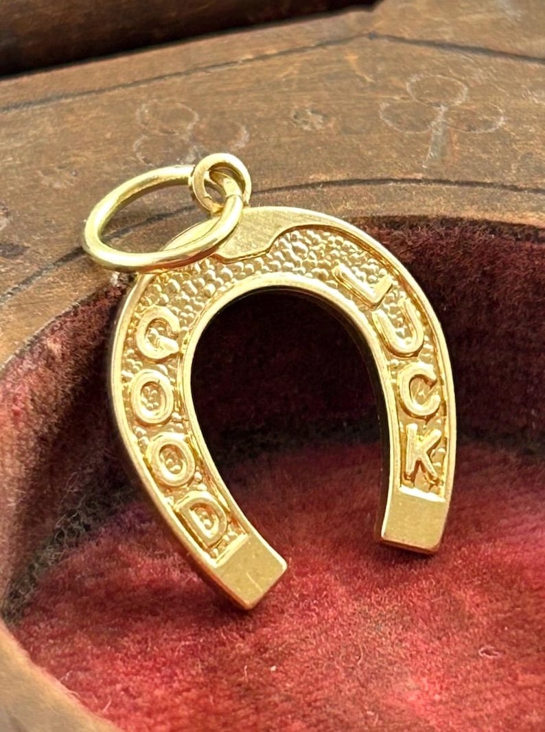 May include: A gold-colored horseshoe charm with the words "GOOD LUCK" embossed on it. The charm has a textured surface and a small loop at the top for attaching to a necklace or bracelet. The charm is displayed against a red background.