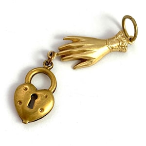 Pendant, Vintage Heart Padlock Charm, Victorian Womans Hand, Vintage Jewelry, Heart Lock Charm, Vintage Charms, Vintage Brass Charms