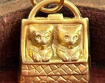 Vintage Charm, Kitten And Puppy In Purse, Vintage Jewelry, Brass Stamping Charm, Dainty Pendant, Cute Animal Charm