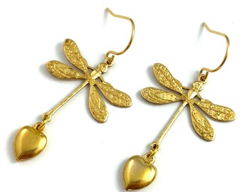 Dragonfly Earrings, Dragonfly Jewelry, Heart Charm Earrings, Dragonflies, Dangling Earrings, Symbolic Jewelry, Pierced Ears