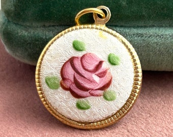 Vintage charm, vintage pendant, vintage enamel charm, pink rose charm, vintage jewelry, enamel rose charm, flower jewelry, rose charm, roses
