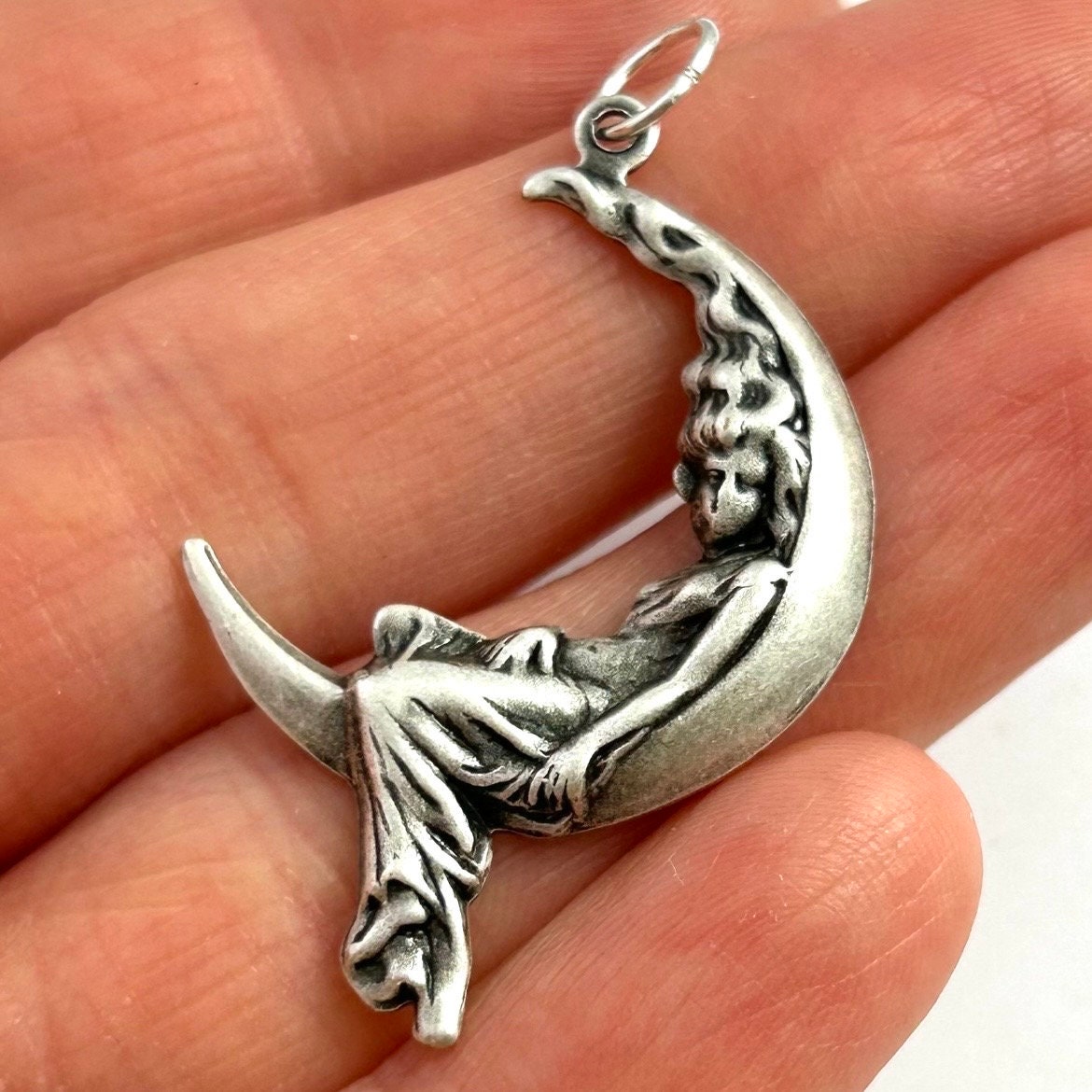 Woman on Moon, Woman Crescent Moon Charm, Moon Necklace Pendant